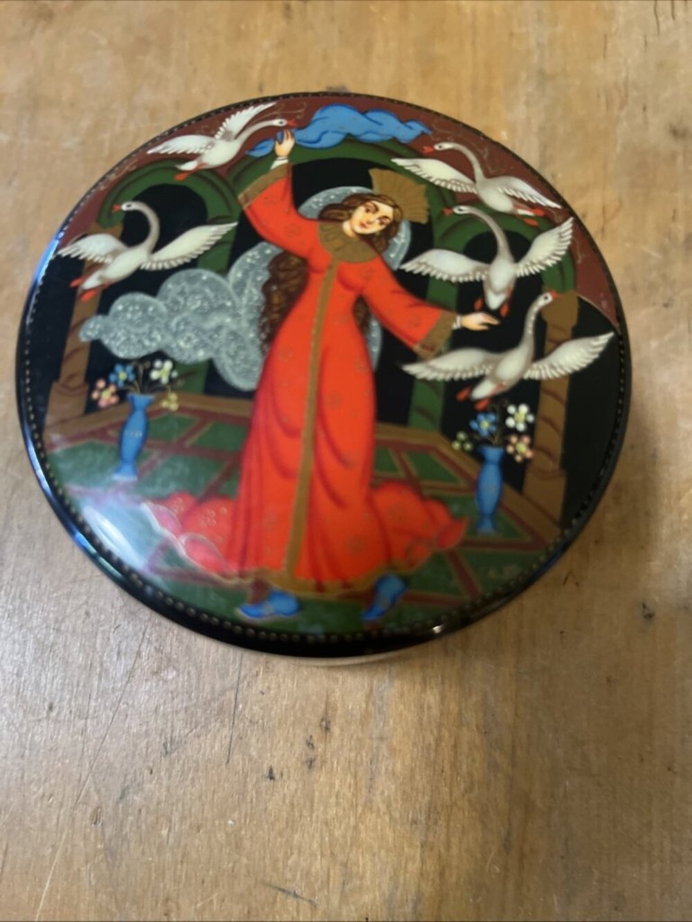HandpaintedRussian Trinket Jewelry Box 2.5x3” Vibrant Colors Lidded